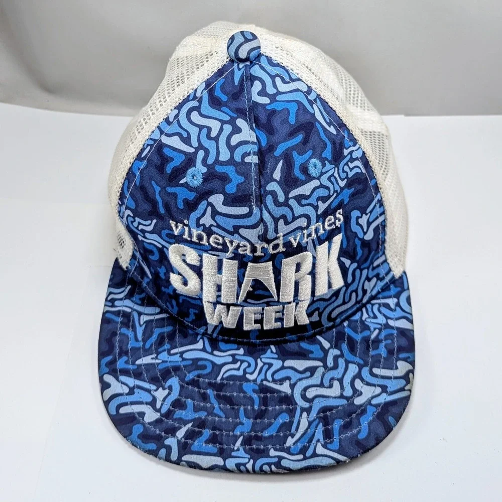 Vineyard Vines Shark Week Blue White Mesh Snap Back Trucker Hat Cap Boys‎ Youth